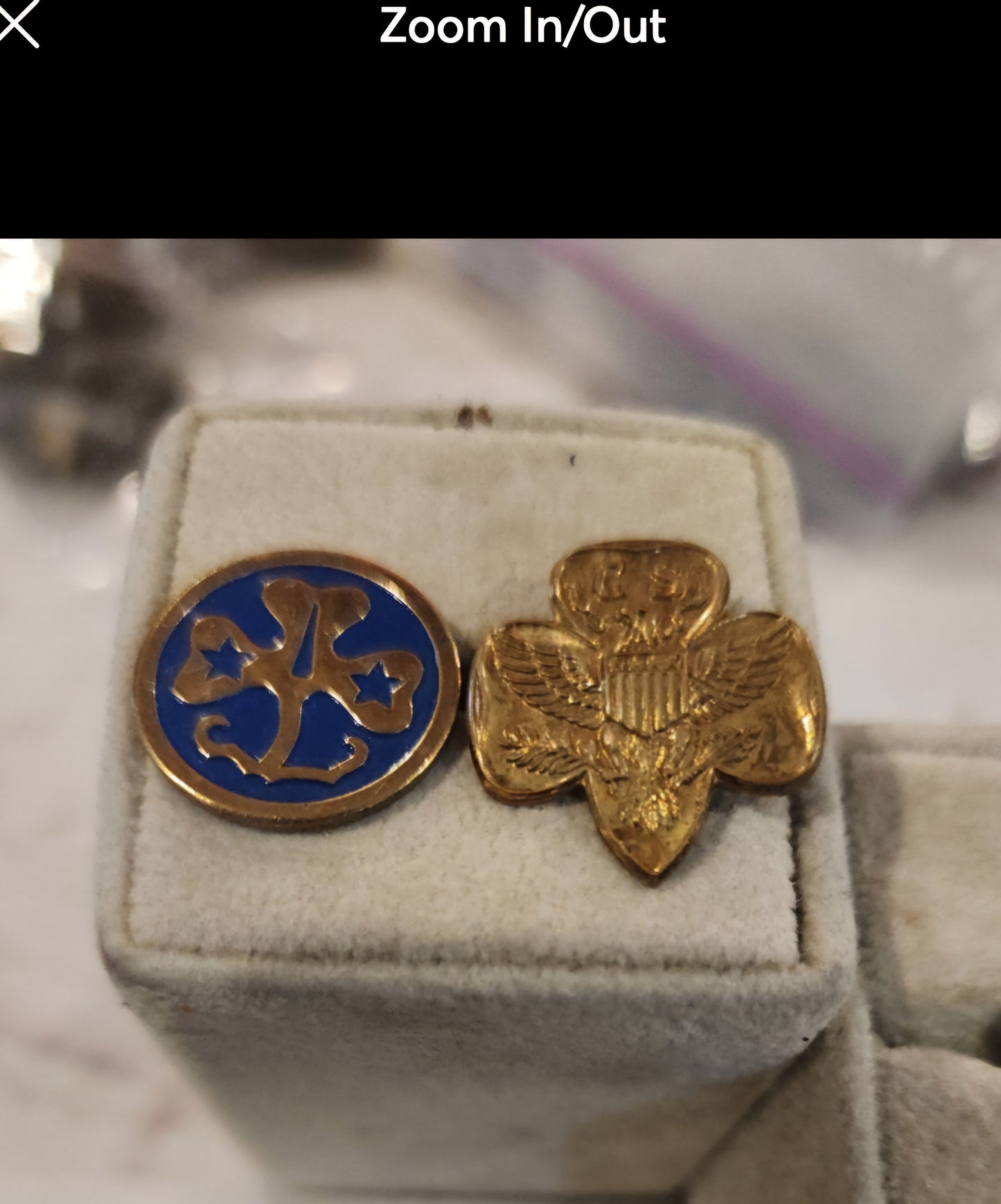 Vintage 1960's Girl Scout Blue & Gold World Trefoil Brownie Promise & Brass Eagle Pin