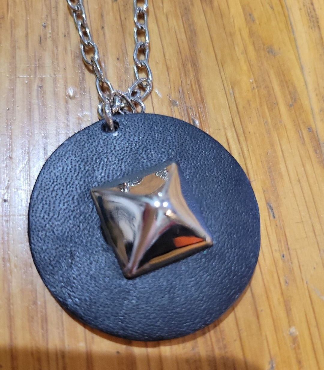 Cookie Lee Necklace silver tone  Pyramid on black leather pendent