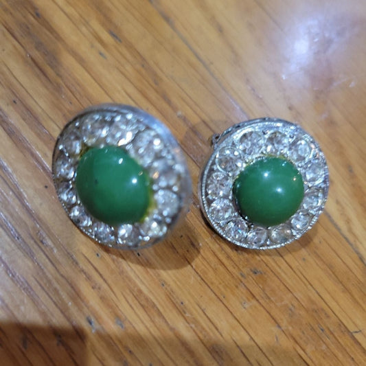 Elegant vintage earrings  vibrant green gemstones with  sparkling Rhinestones