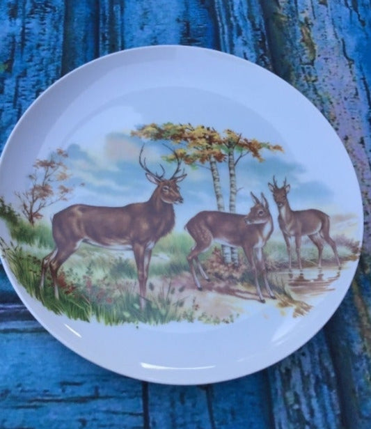 German Stoneware Plate depicting a family of deer in a picturesque forest scene