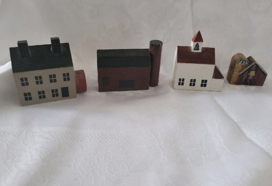 4 Minature wooden whimsical  houses church barn