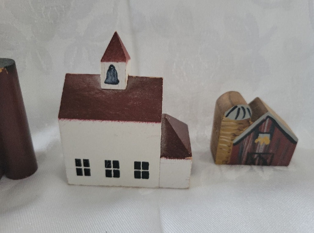 4 Minature wooden whimsical  houses church barn