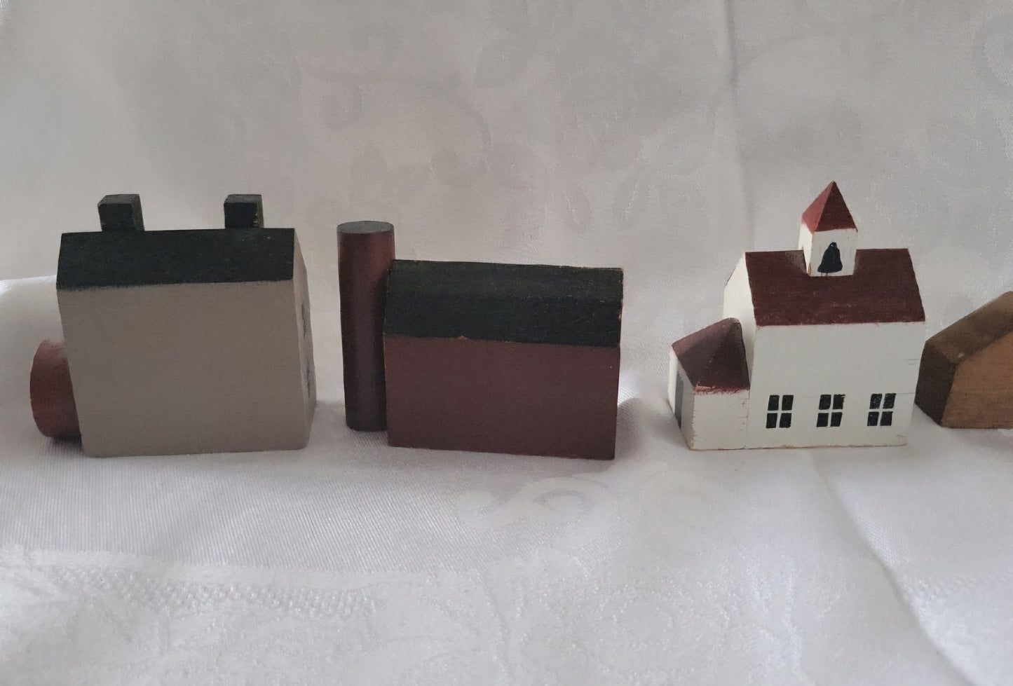 4 Minature wooden whimsical  houses church barn