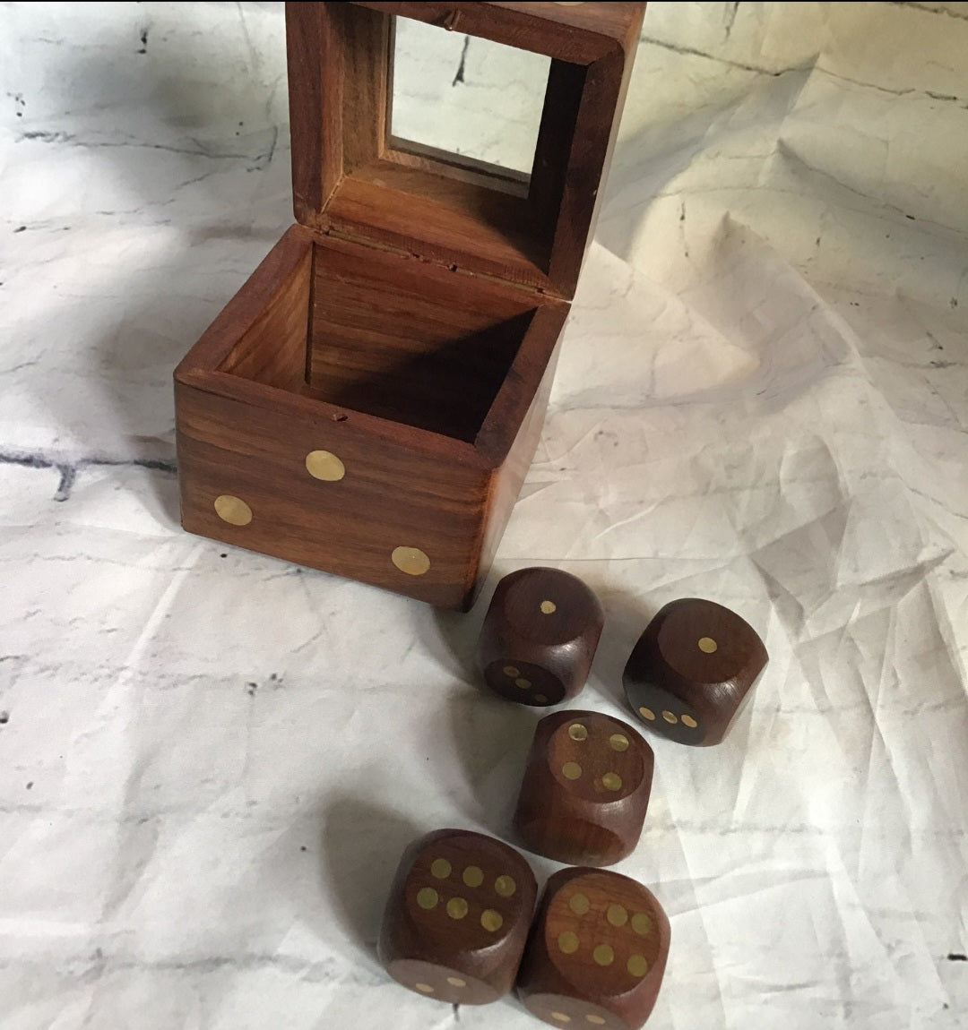 Elevate Your Game Nights: Handcrafted Wooden Dice Box with 5 Brass Inlaid Dice