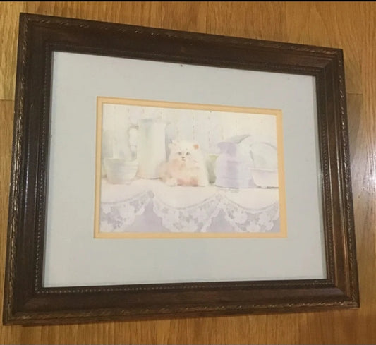 Charming Framed Cat Print in Serene Colors farmhouse