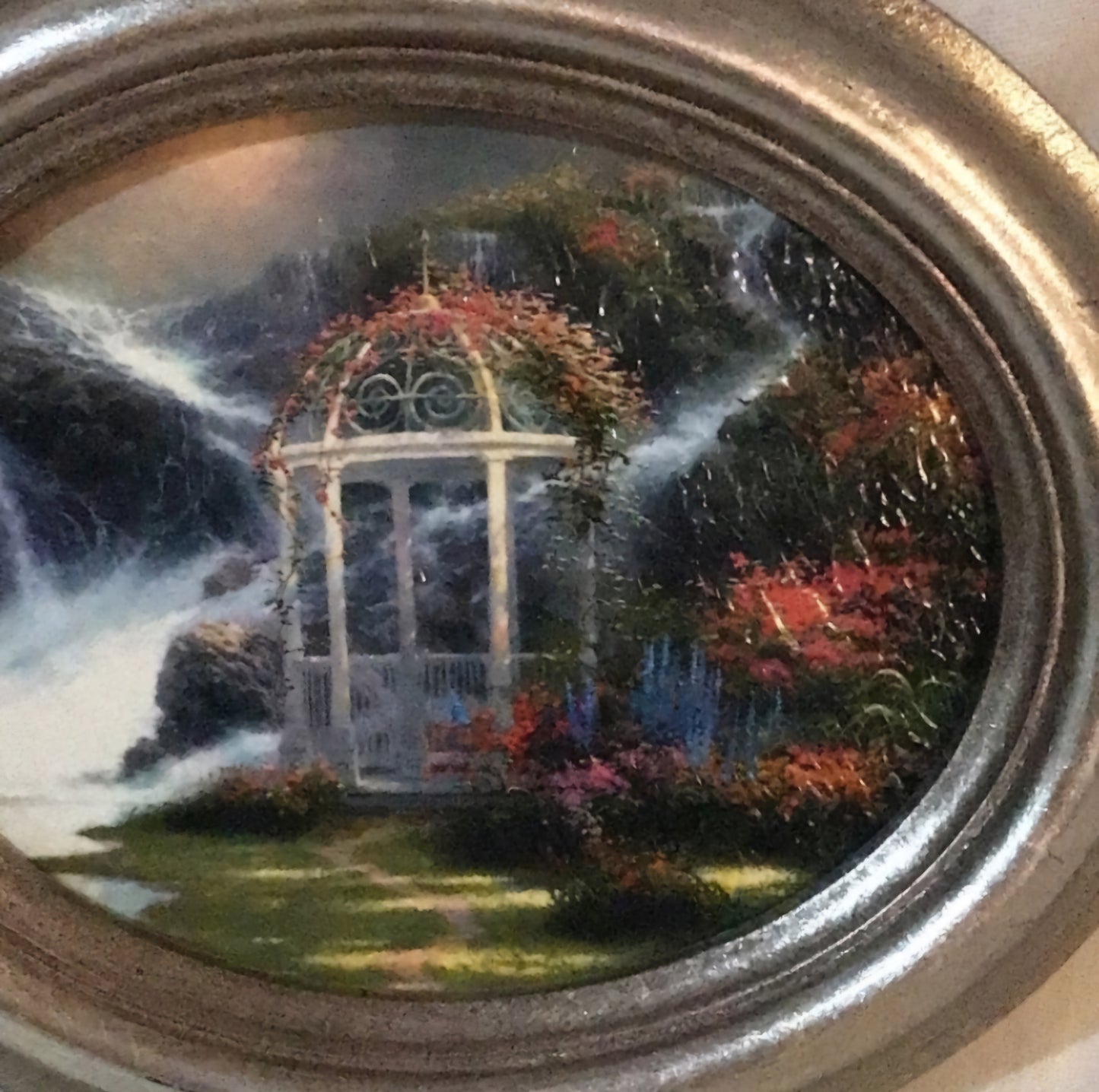 Gazebo Thomas Kinkade Painter of light print Picture  in Oval Frame