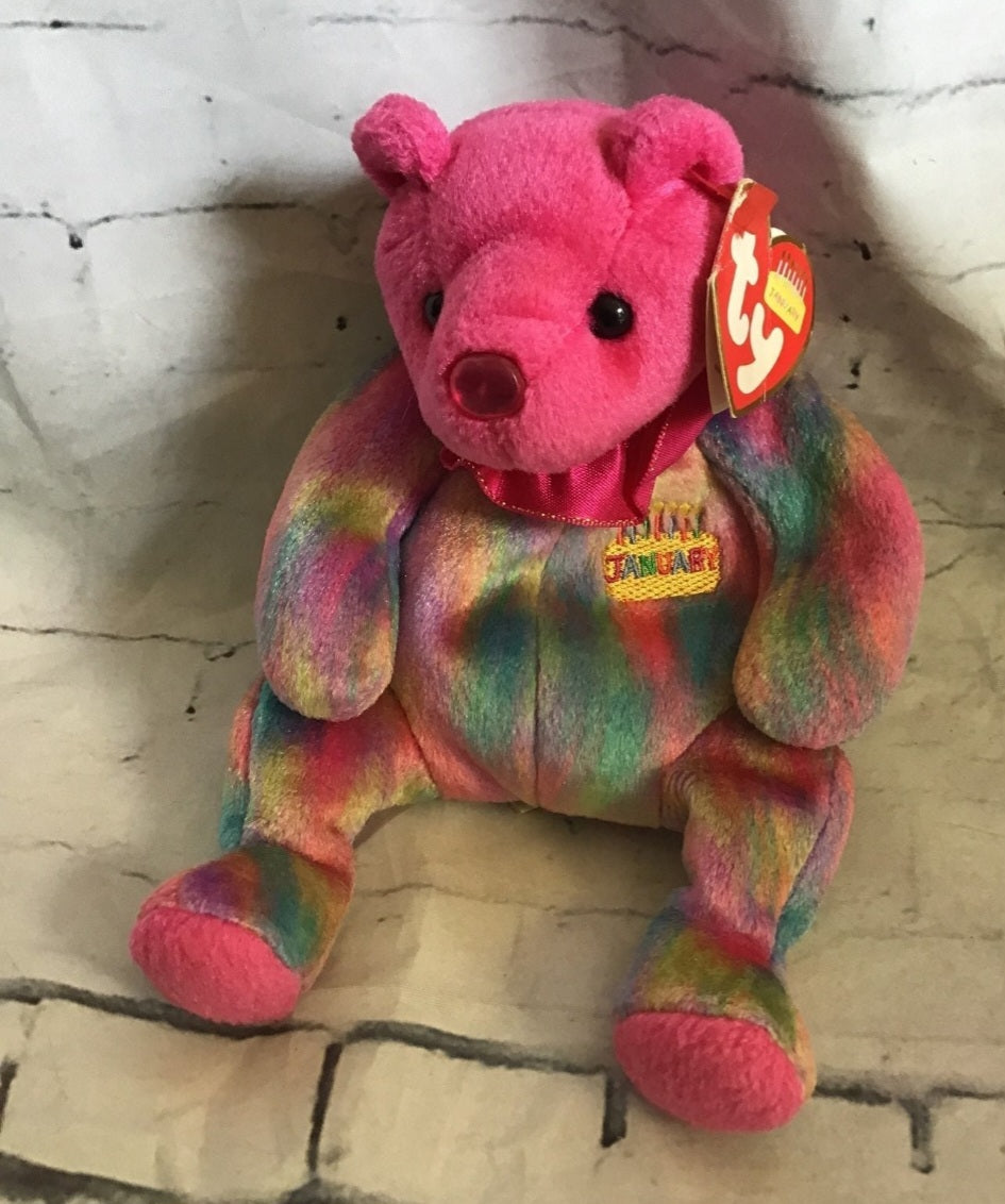 Ty January Birthday Bear Beanie Baby! This vibrant bear features rainbow tie-dye