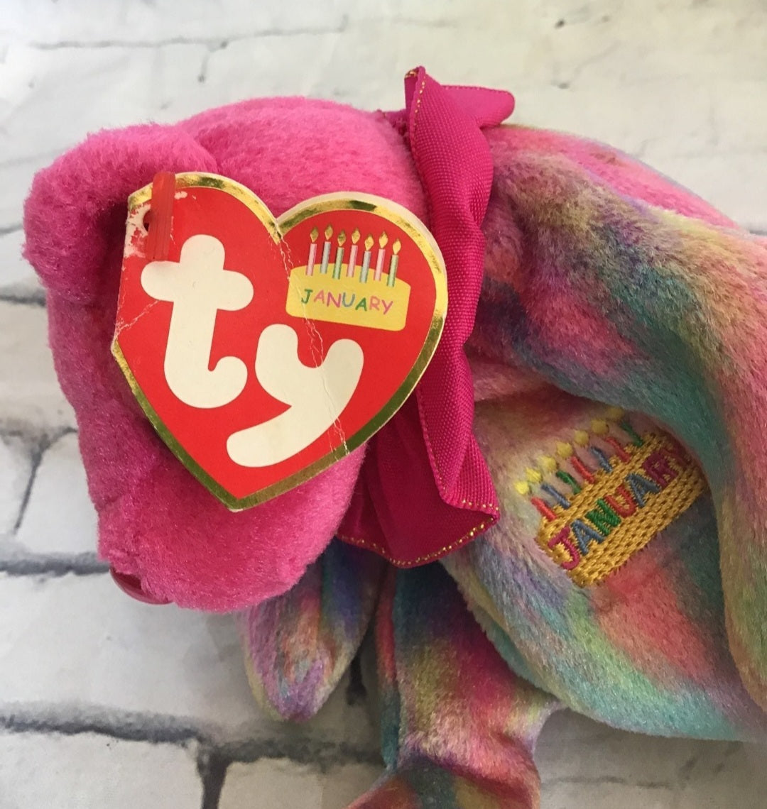 Ty January Birthday Bear Beanie Baby! This vibrant bear features rainbow tie-dye