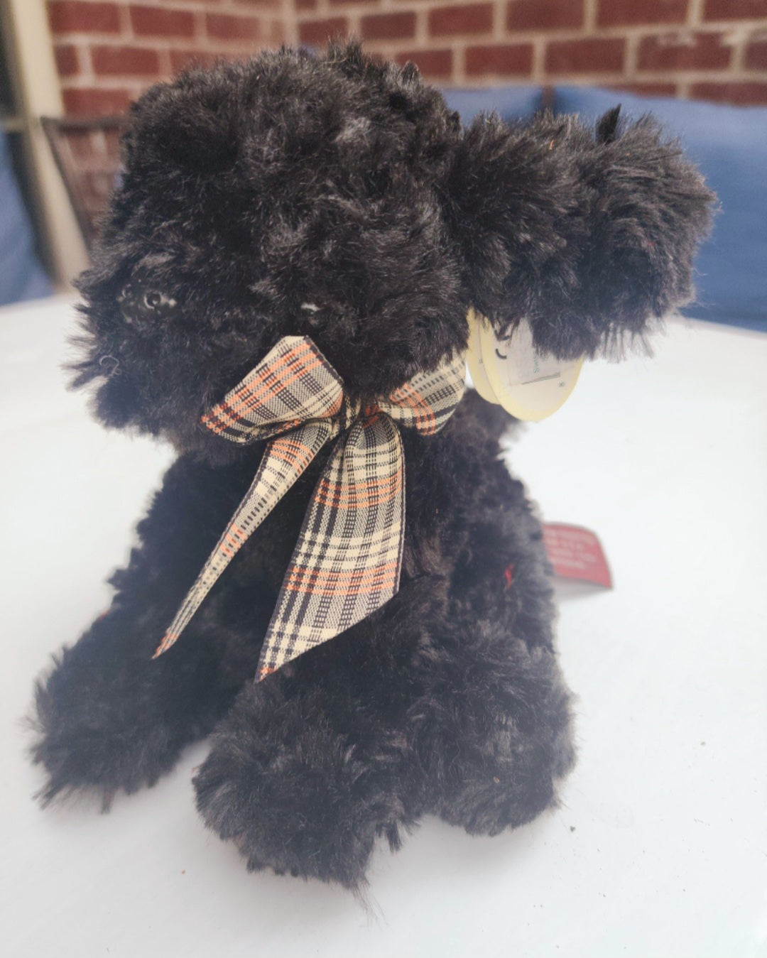 The Bearington Collection BABY JAKE Plush Dog Black Puppy 8” plaid bow