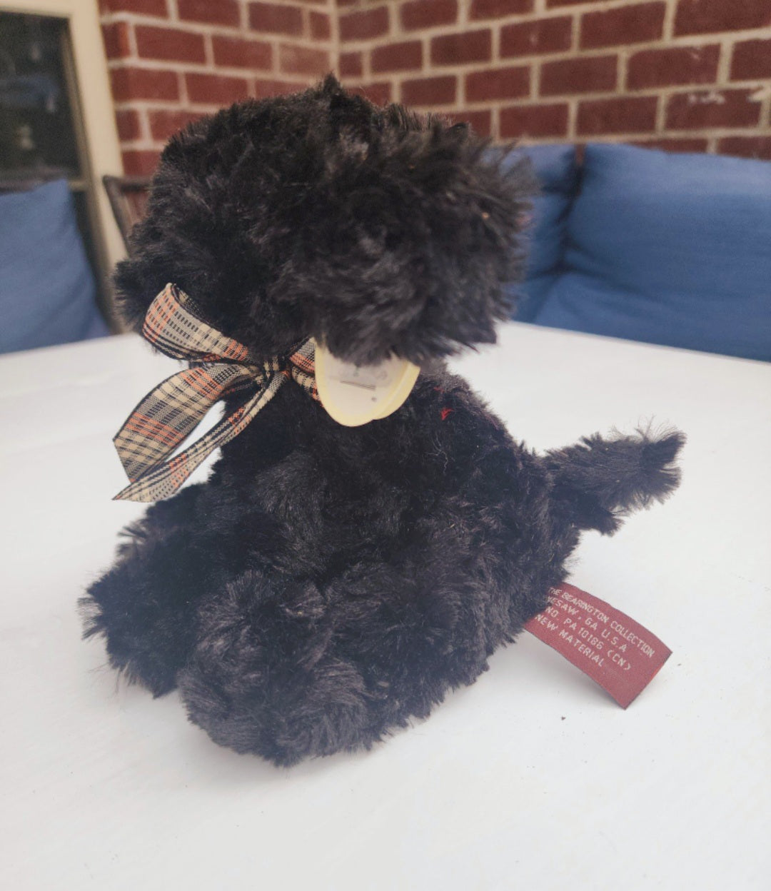 The Bearington Collection BABY JAKE Plush Dog Black Puppy 8” plaid bow