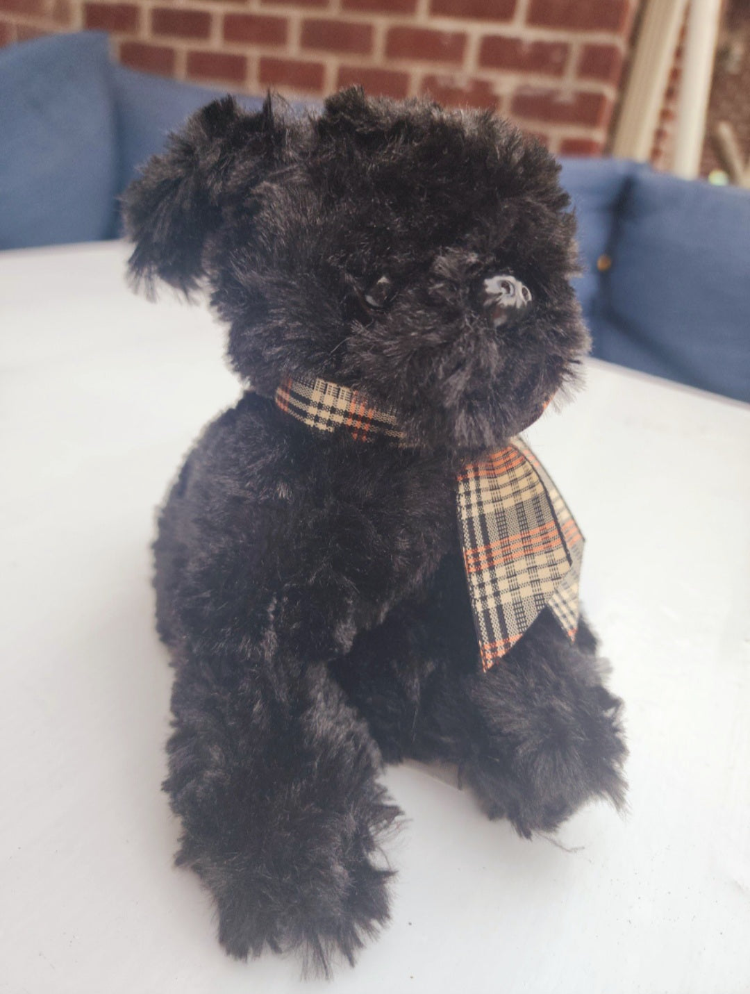 The Bearington Collection BABY JAKE Plush Dog Black Puppy 8” plaid bow