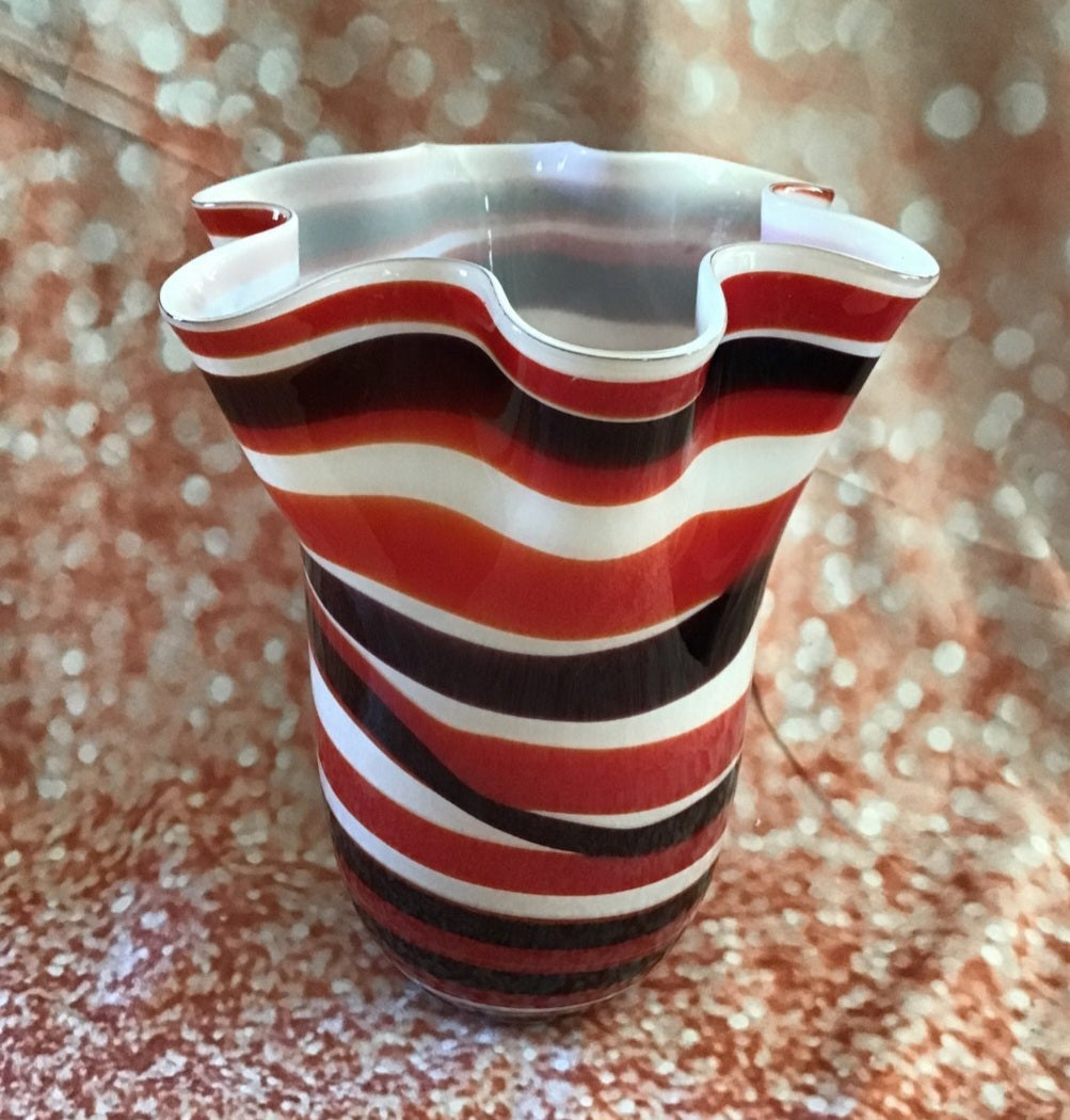 Art Glass Candy striped with black  Ruffled Vase