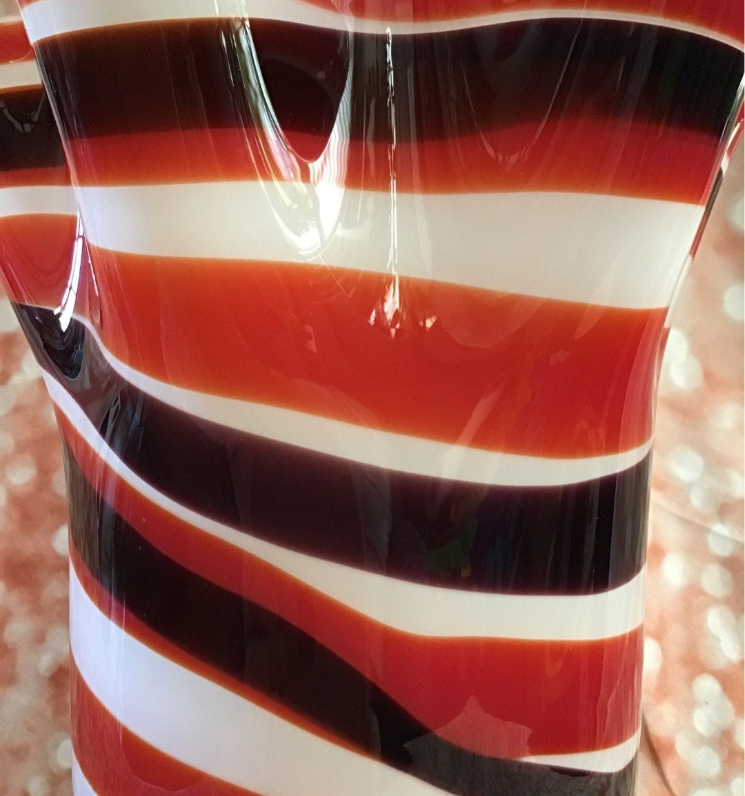 Art Glass Candy striped with black  Ruffled Vase