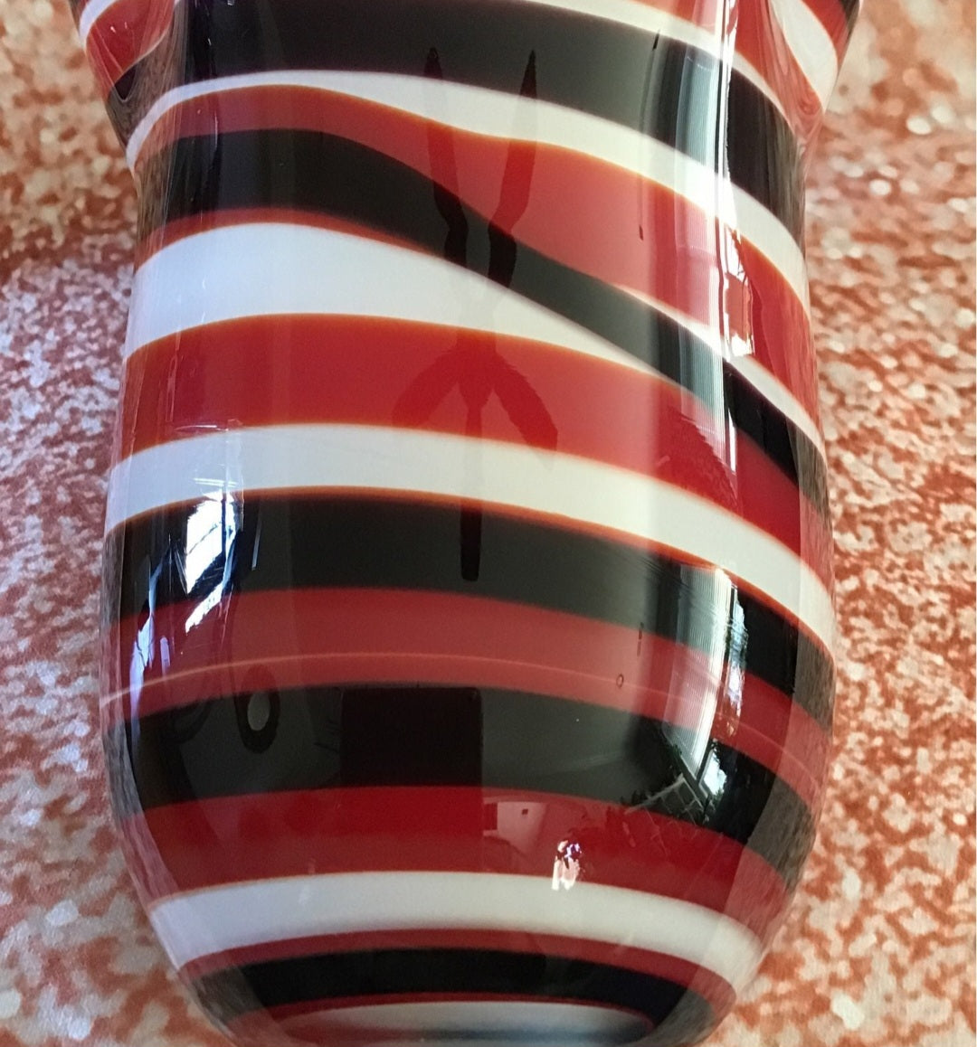 Art Glass Candy striped with black  Ruffled Vase