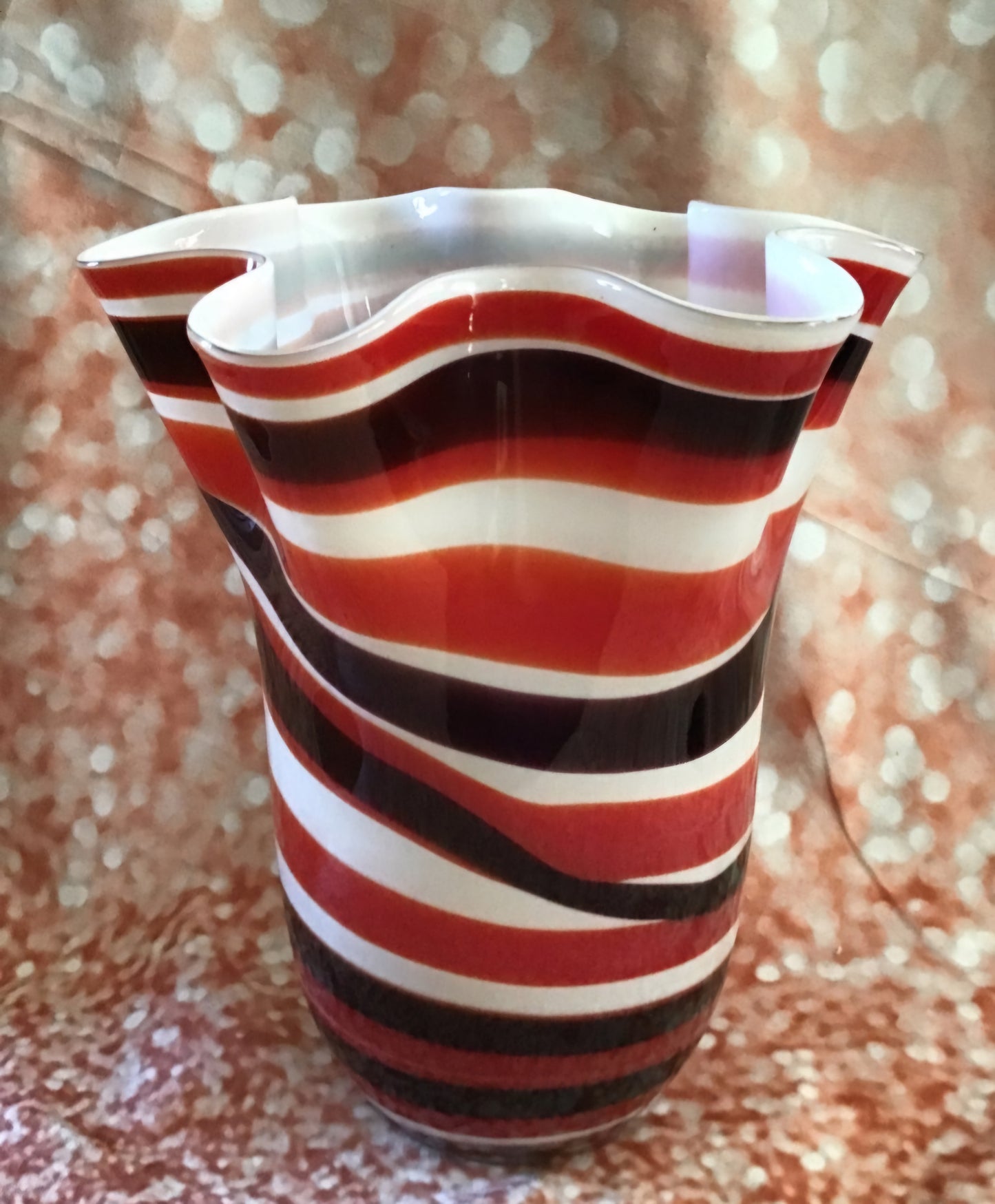 Art Glass Candy striped with black  Ruffled Vase