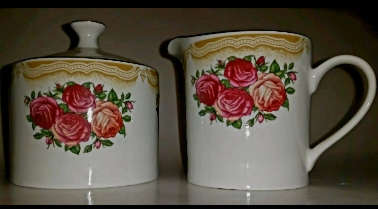 Vintage Farberware China Sydney Roses Sugar Bowl and Creamer Set - Good Condition