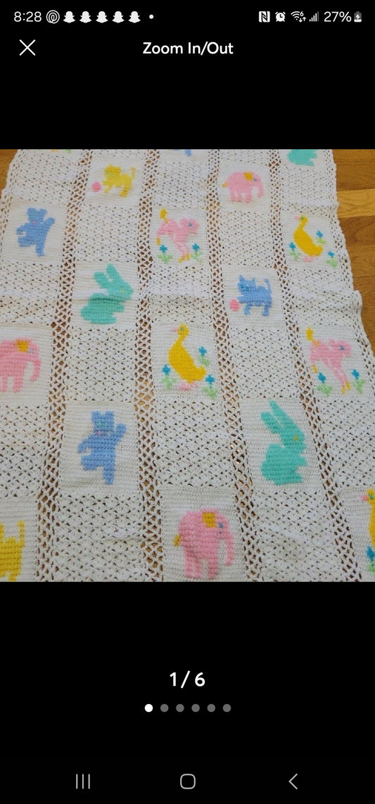 Vintage Easter Baby Crochet Quilt with animals rabbits ducks