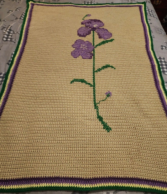 Vintage Hand-Crocheted Iris Afghan, Purple Green Tan Floral Throw Blanket, 39" x 52"