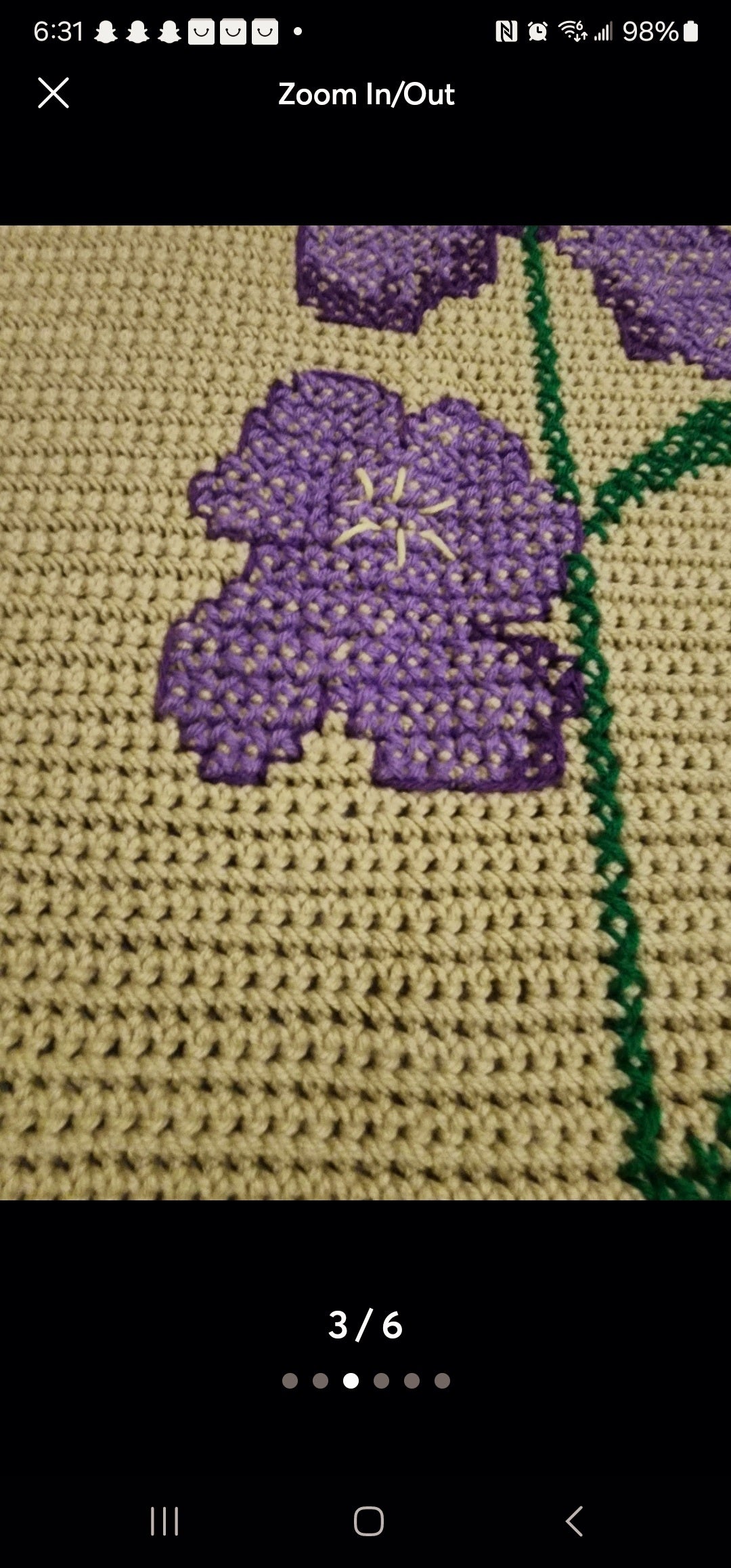 Vintage Hand-Crocheted Iris Afghan, Purple Green Tan Floral Throw Blanket, 39" x 52"