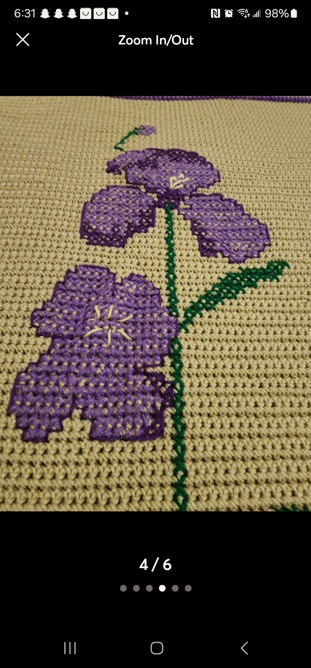 Vintage Hand-Crocheted Iris Afghan, Purple Green Tan Floral Throw Blanket, 39" x 52"