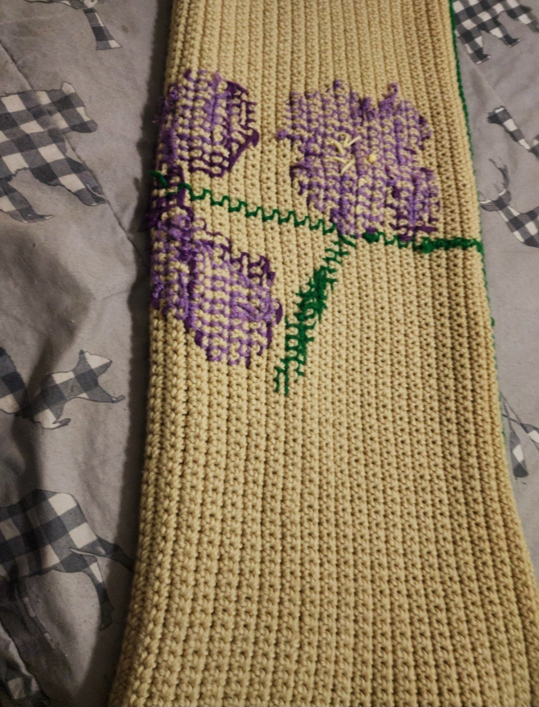 Vintage Hand-Crocheted Iris Afghan, Purple Green Tan Floral Throw Blanket, 39" x 52"