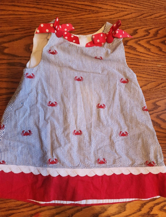 Beanstalk Originals Seersucker Blue Stripe Crab Embroidered Nautical Dress 5