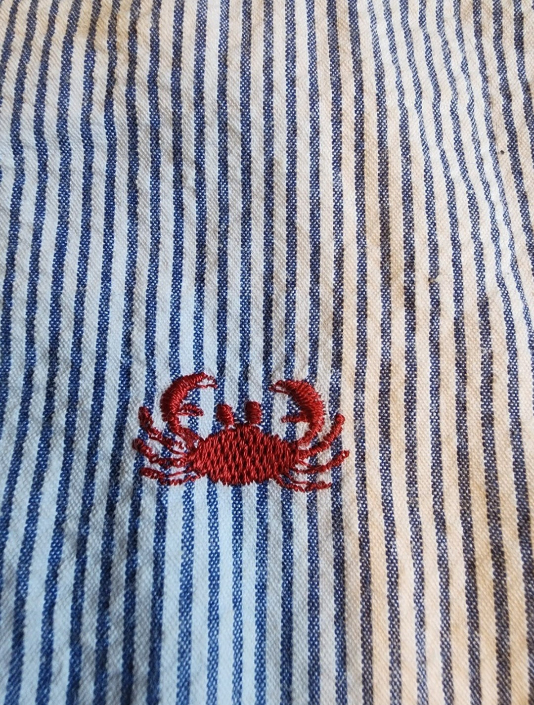 Beanstalk Originals Seersucker Blue Stripe Crab Embroidered Nautical Dress 5