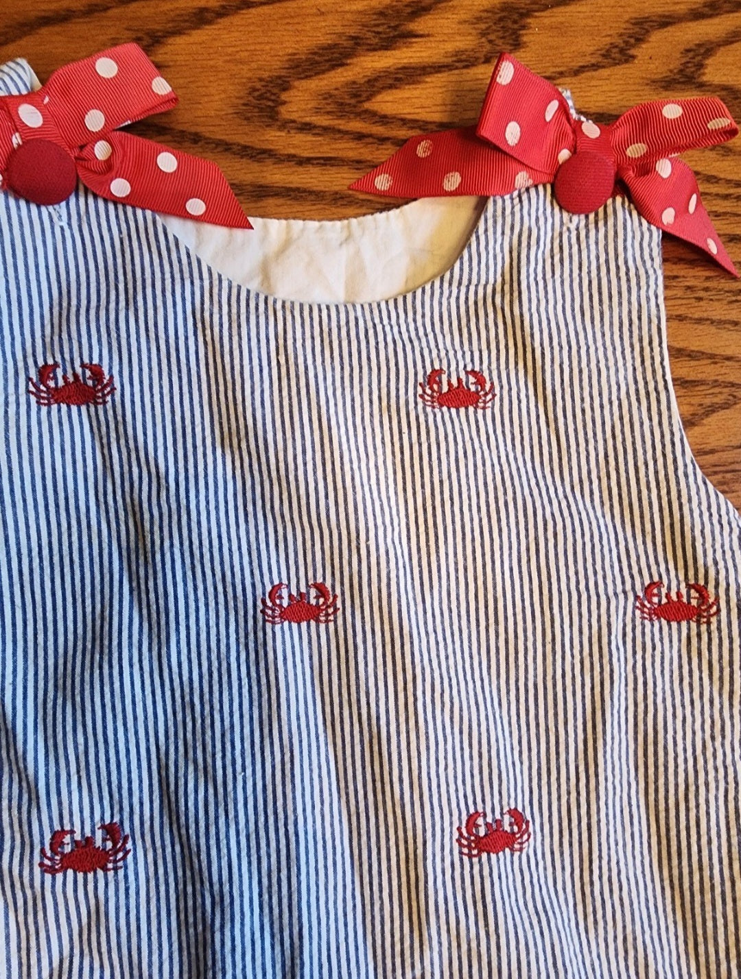 Beanstalk Originals Seersucker Blue Stripe Crab Embroidered Nautical Dress 5