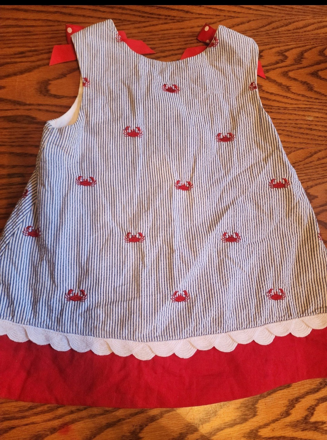 Beanstalk Originals Seersucker Blue Stripe Crab Embroidered Nautical Dress 5