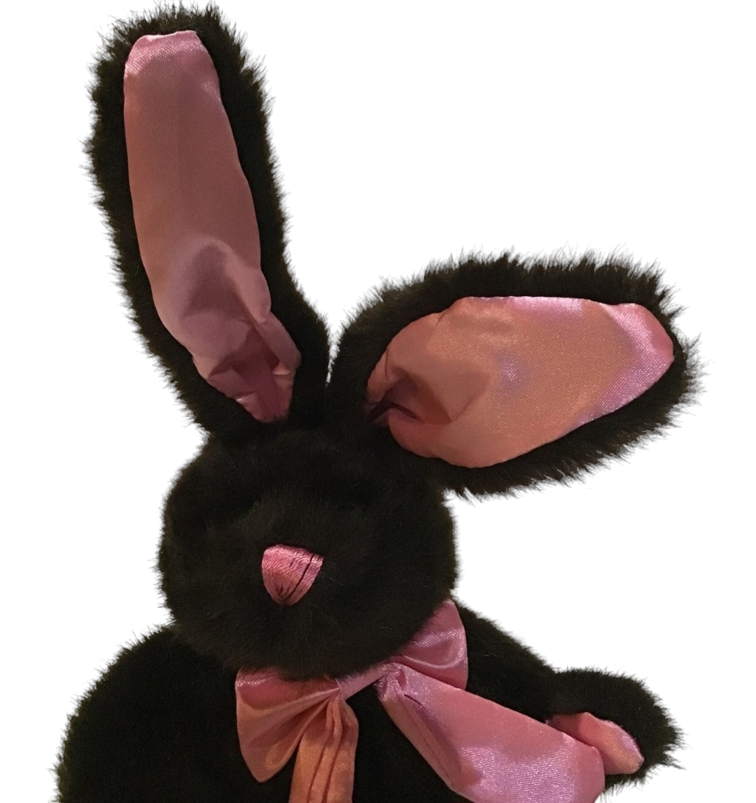 Soft and cuddly plush bunny in chocolate brown and pink, perfect for Easter