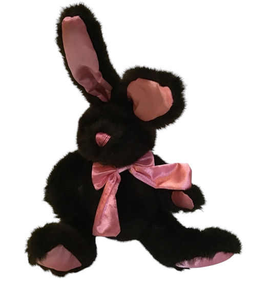 Soft and cuddly plush bunny in chocolate brown and pink, perfect for Easter