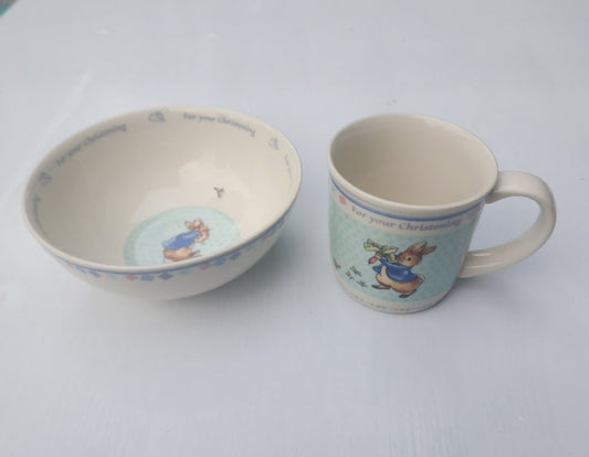 Vtg Wedgewood Peter Child's Rabbit Porcelain Bowl & Cup For your Christening