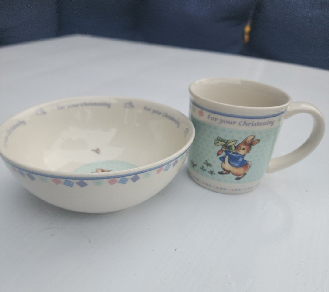 Vtg Wedgewood Peter Child's Rabbit Porcelain Bowl & Cup For your Christening