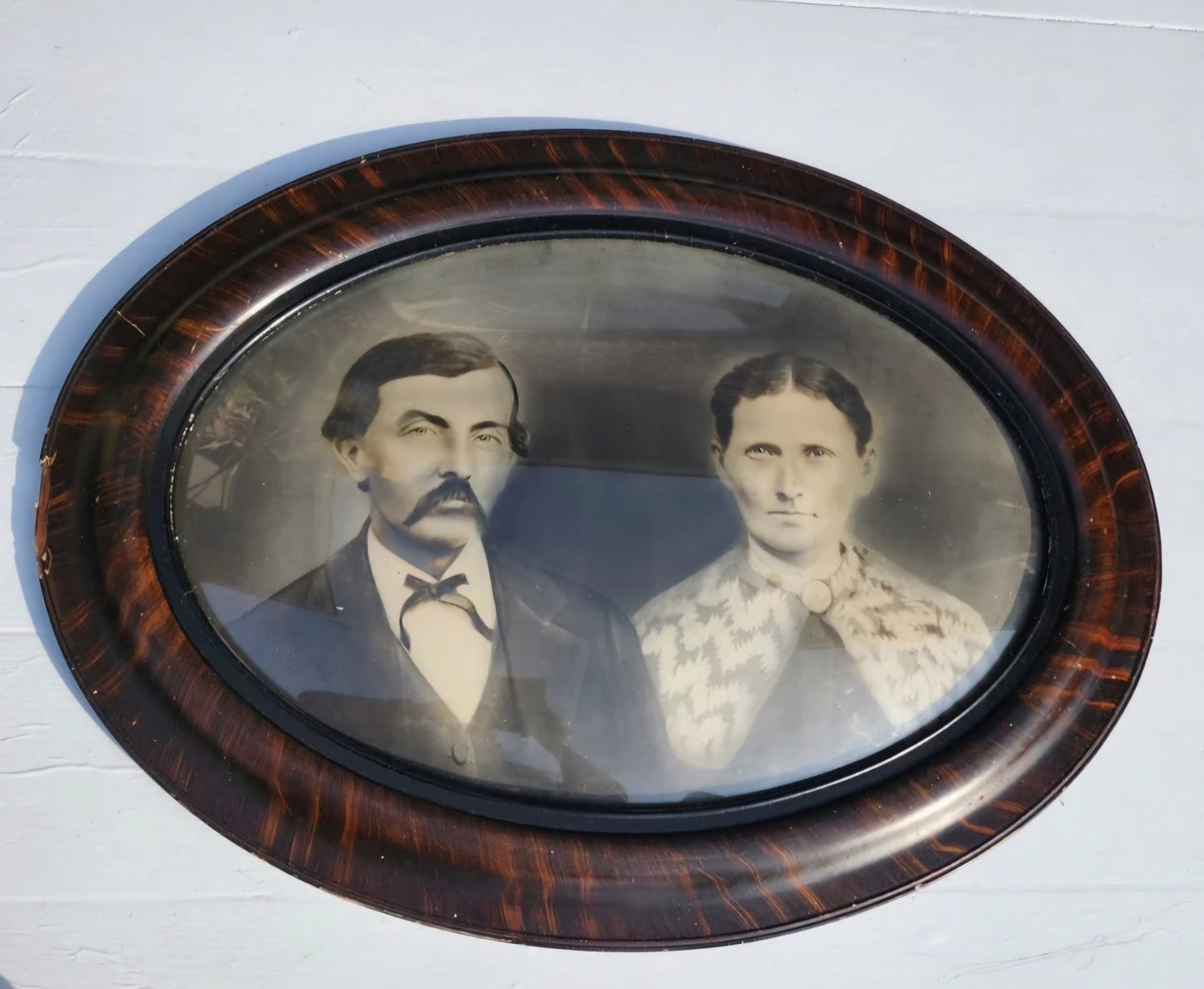 Antique Sepia Portrait In Convex Glass & Tiger Wood. 24.5" x 18.5" Frame