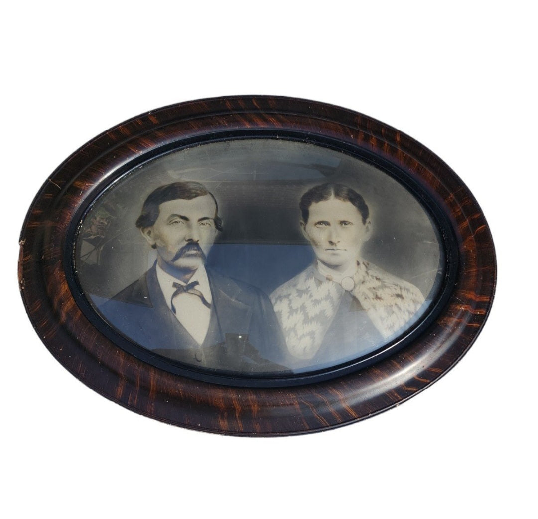 Antique Sepia Portrait In Convex Glass & Tiger Wood. 24.5" x 18.5" Frame