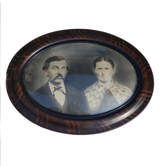 Antique Sepia Portrait In Convex Glass & Tiger Wood. 24.5" x 18.5" Frame