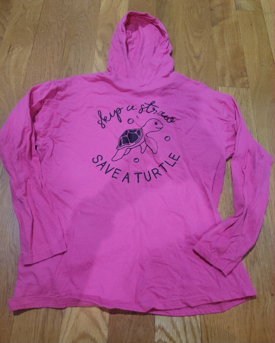 Girls large long sleeve hooded tee Skip a straw Save a Turtle 14/16