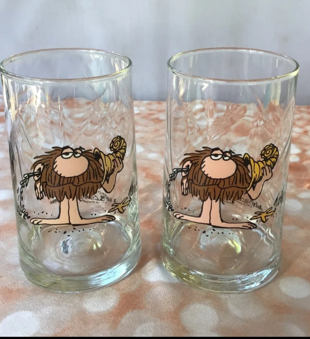 Two 1981 Arby’s BC Ice Age Collectors Series Drinking Glasses Johnny Hart “Grog”