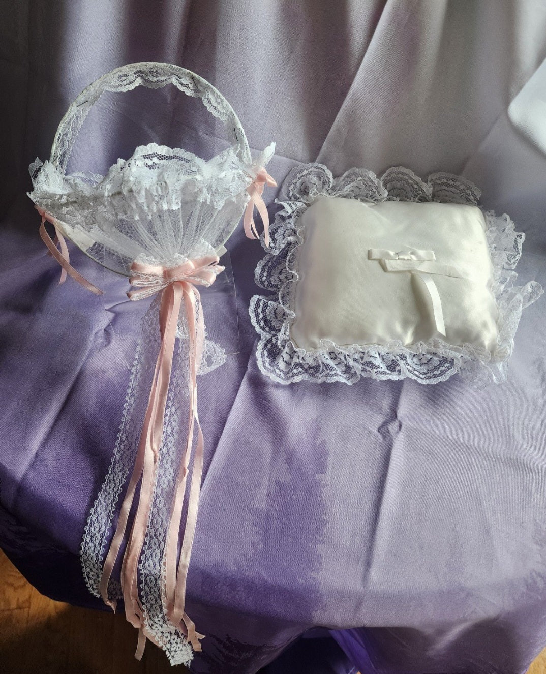 Romantic Lace Wedding Ring Pillow & Flower Girl Basket with Pink Ribbon Accents .