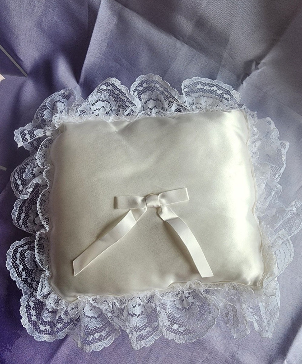 Romantic Lace Wedding Ring Pillow & Flower Girl Basket with Pink Ribbon Accents .