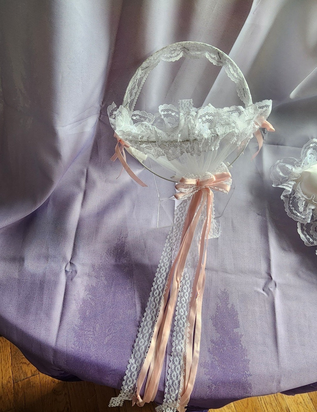 Romantic Lace Wedding Ring Pillow & Flower Girl Basket with Pink Ribbon Accents .