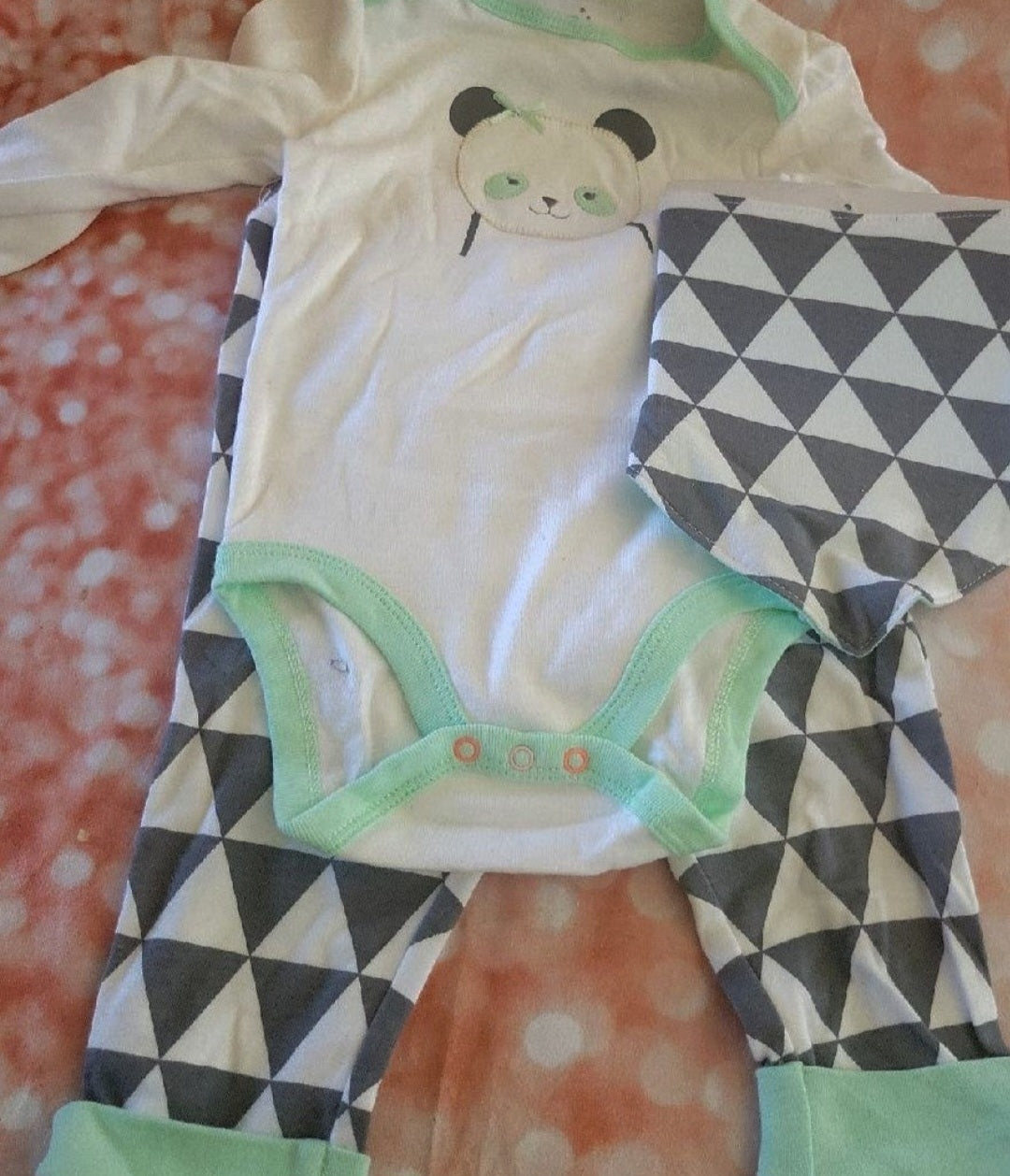 New 6-9 Months 3 piece outfit Panda onesie  pants and bib