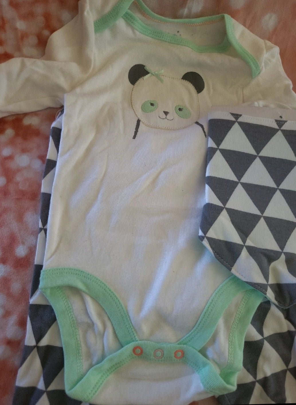 New 6-9 Months 3 piece outfit Panda onesie  pants and bib