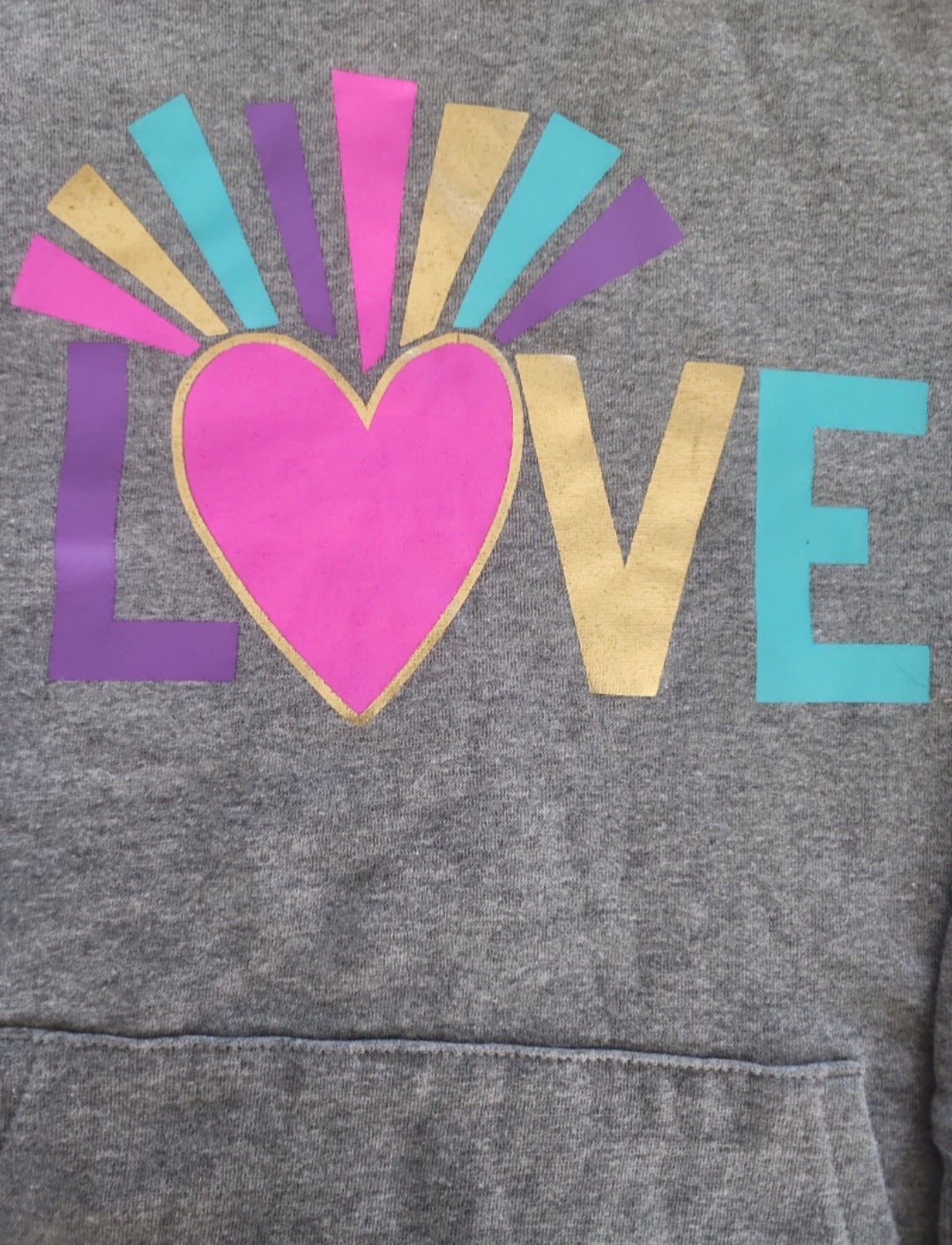 Girl's Gray Hoodie  Sweatshirt with Love graphic on front. 16