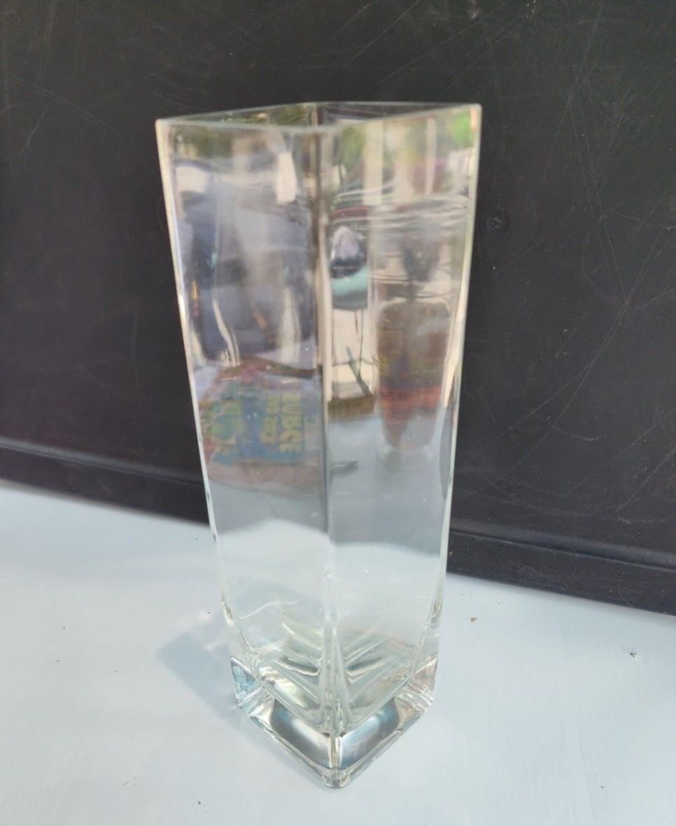 VINTAGE 10.5" TALL CUBE MODERNIST SQUARE WELL MADE GLASS FLOWER VASE