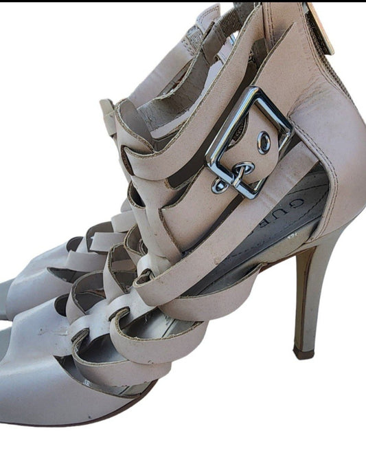 GUESS Beige Gladiator Stiletto Sandals, Size 9 - Sheek Strappy Buckle Design.