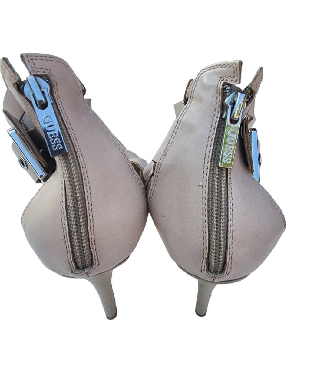 GUESS Beige Gladiator Stiletto Sandals, Size 9 - Sheek Strappy Buckle Design.