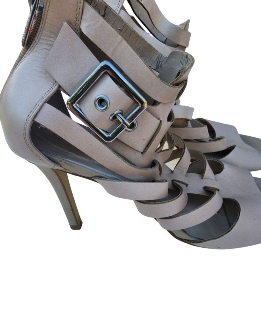 GUESS Beige Gladiator Stiletto Sandals, Size 9 - Sheek Strappy Buckle Design.