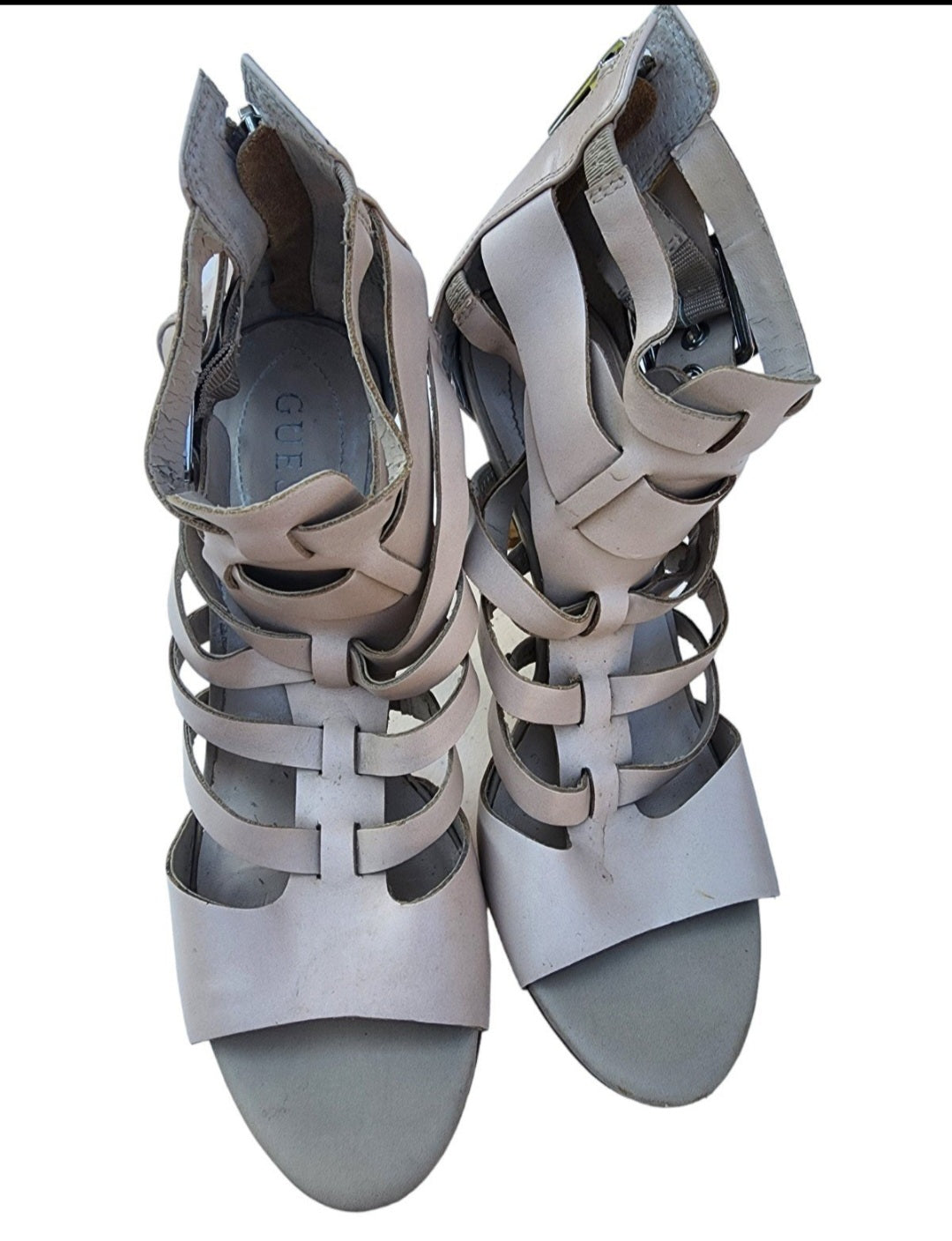GUESS Beige Gladiator Stiletto Sandals, Size 9 - Sheek Strappy Buckle Design.