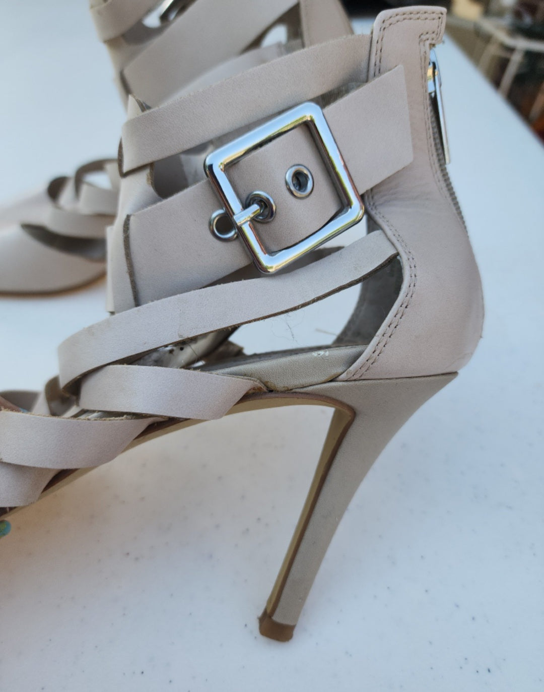 GUESS Beige Gladiator Stiletto Sandals, Size 9 - Sheek Strappy Buckle Design.